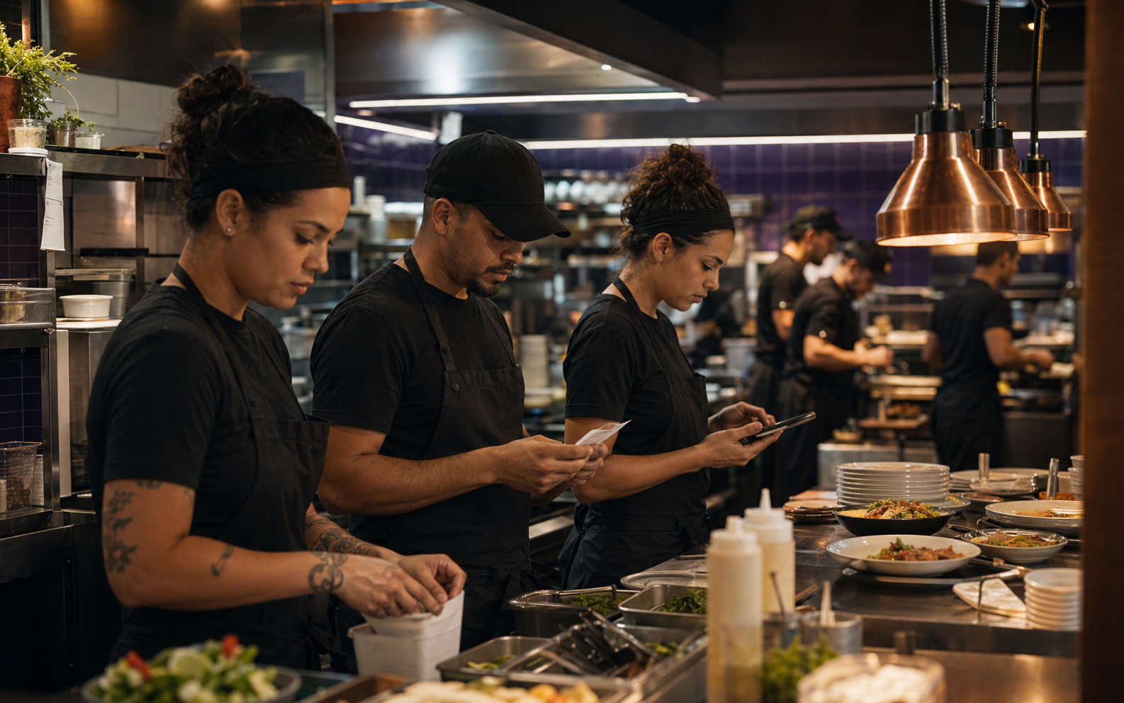 Equipe de cozinha acompanhando pedidos durante o servico